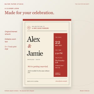 May include: A 5 x 7-inch wedding invitation template featuring a cream background with dark red text. The design includes a compass icon, the names Alex & Jamie, and event details for May 22, 2027, at The Foundry Loft, including time and location.