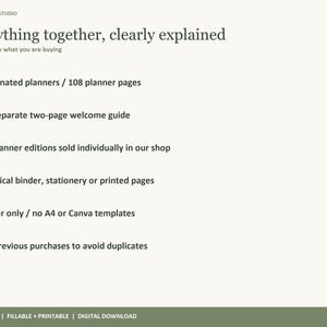 May include: A digital information graphic titled Everything together, clearly explained by Buyer Paper Studio. It lists 5 coordinated planners, 108 pages, a two-page welcome guide, US Letter format, and notes that no physical items are included.