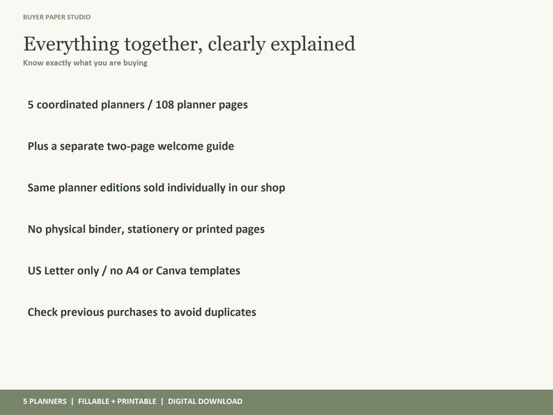 May include: A digital information graphic titled Everything together, clearly explained by Buyer Paper Studio. It lists 5 coordinated planners, 108 pages, a two-page welcome guide, US Letter format, and notes that no physical items are included.