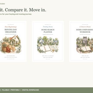 May include: Three digital planners titled New Beginnings Moving Day Organizer, Finding Home Home Search Planner, and A Clearer Choice Home Comparison Workbook. Each cover features watercolor-style illustrations of houses and moving supplies.