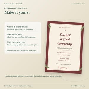 Dinner and Good Company Birthday Invitation, Editable Browser Template, Print and Phone Design image 4