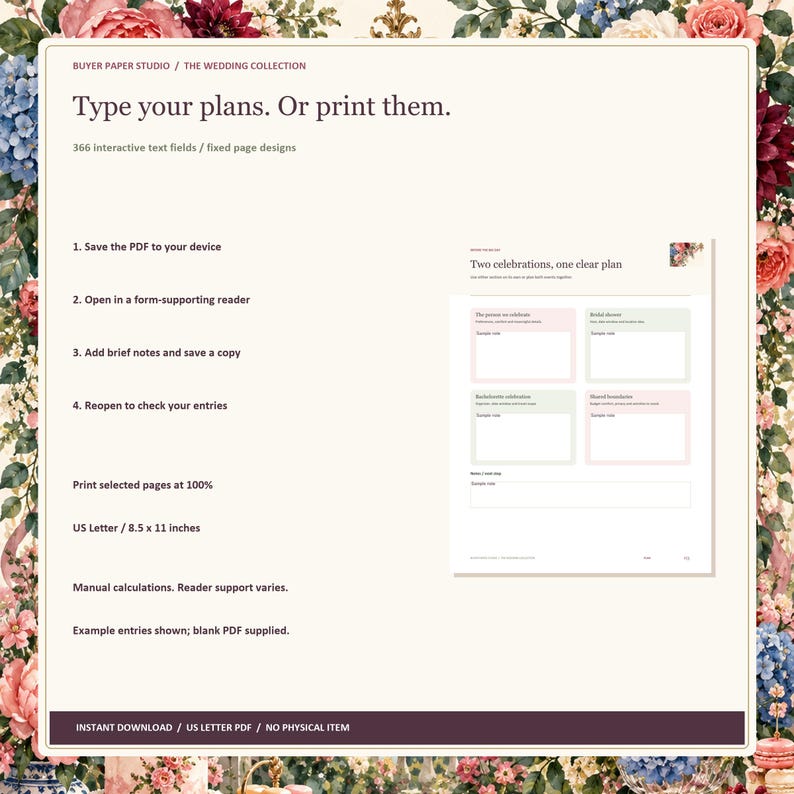 Bridal Shower and Bachelorette Planner, 28-Page Fillable PDF, Floral Printable Wedding Organizer image 4