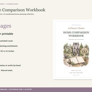 Peut inclure: Un cahier d'exercices de comparaison de maison de 16 pages en format PDF num&eacute;rique. La couverture pr&eacute;sente une illustration de maisons et un livre ouvert avec le texte A Clearer Choice Home Comparison Workbook. Format 8,5 par 11 pouces.