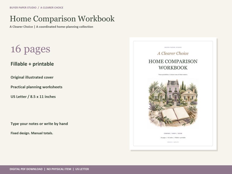 Peut inclure: Un cahier d'exercices de comparaison de maison de 16 pages en format PDF num&eacute;rique. La couverture pr&eacute;sente une illustration de maisons et un livre ouvert avec le texte A Clearer Choice Home Comparison Workbook. Format 8,5 par 11 pouces.