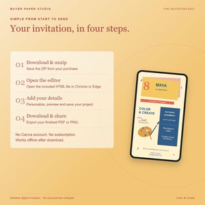 Invitación de cumpleaños para fiesta de arte con temática de colorear y crear, plantilla editable para navegador, diseño para imprimir y para móvil. imagen 5
