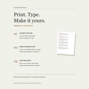 Print or type instructions beside the actual Start Here guide: choose Letter or A4, print at actual size or use a compatible PDF form reader, save a copy and reopen to check entries.