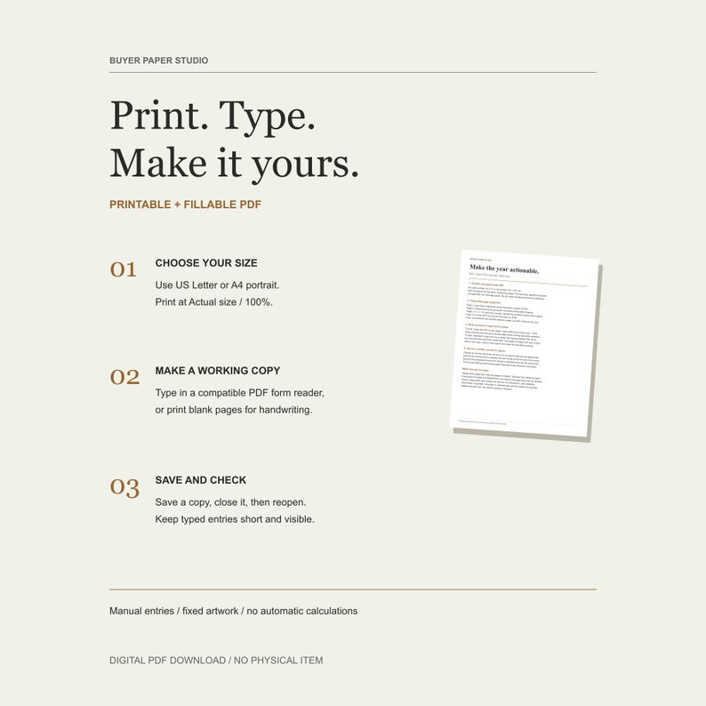 Print or type instructions beside the actual Start Here guide: choose Letter or A4, print at actual size or use a compatible PDF form reader, save a copy and reopen to check entries.