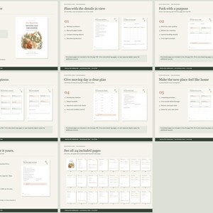 May include: A 24-page digital moving day organizer planner featuring a cover with a house illustration and text reading Moving Day Organizer. The set includes various printable templates for planning, packing, and settling into a new home.