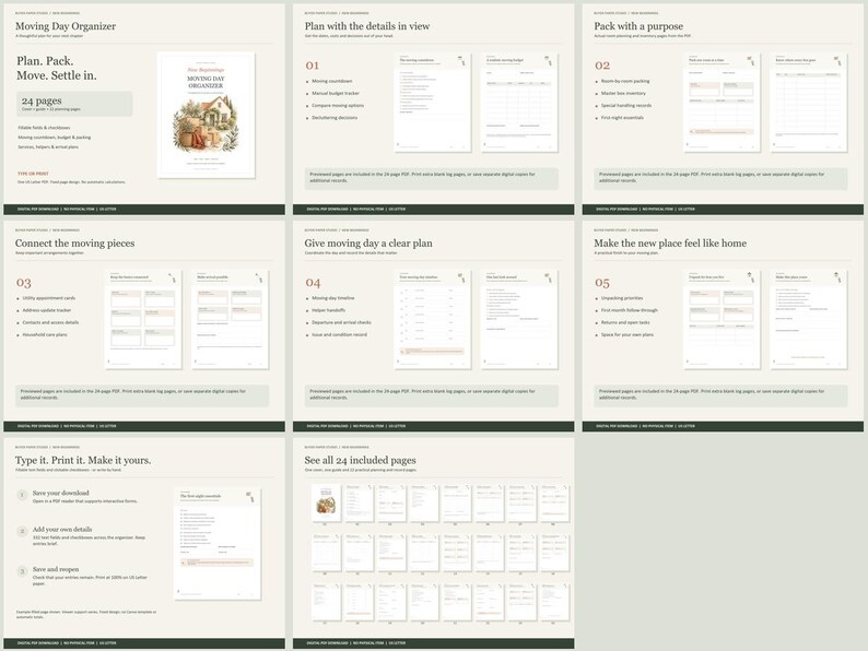 May include: A 24-page digital moving day organizer planner featuring a cover with a house illustration and text reading Moving Day Organizer. The set includes various printable templates for planning, packing, and settling into a new home.