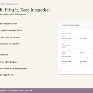 Peut inclure: Un t&eacute;l&eacute;chargement PDF num&eacute;rique intitul&eacute; Type it. Print it. Keep it together. avec 271 champs interactifs pour comparer des propri&eacute;t&eacute;s. Le document inclut des instructions pour enregistrer, modifier et imprimer sur papier US Letter, avec un exemple.