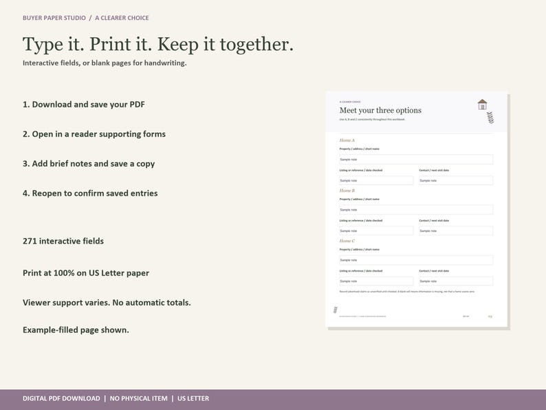 Peut inclure: Un t&eacute;l&eacute;chargement PDF num&eacute;rique intitul&eacute; Type it. Print it. Keep it together. avec 271 champs interactifs pour comparer des propri&eacute;t&eacute;s. Le document inclut des instructions pour enregistrer, modifier et imprimer sur papier US Letter, avec un exemple.