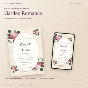 Garden Romance Floral Wedding Invitation, Editable Browser Template, 5x7 Print and Phone Design