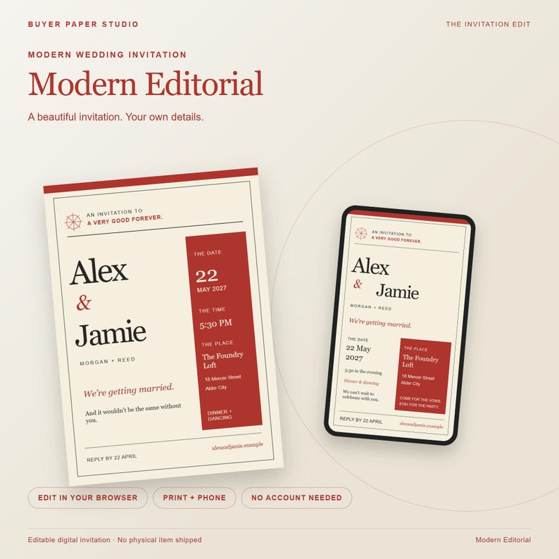 May include: A wedding invitation set featuring a cream-colored paper card and a digital mobile display. Both items display the text Alex & Jamie, The Foundry Loft, and the date 22 May 2027 in a modern layout with dark red and black typography.