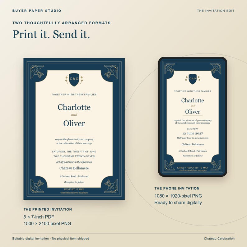 Chateau Celebration Elegant Wedding Invitation, Editable Browser Template, 5x7 Print and Phone Design image 3
