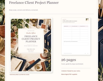 Planificador de proyectos para clientes freelance, PDF rellenable de 26 páginas, seguimiento del alcance y las revisiones.