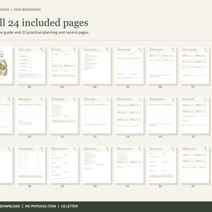 May include: A digital planning set featuring 24 pages, including one cover, one guide, and 22 record pages. The cover displays a cottage illustration with the text 'New Beginnings Moving Day Organizer'. Each page contains structured fields for organization.