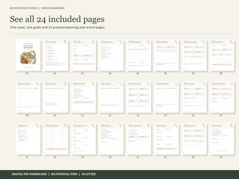 May include: A digital planning set featuring 24 pages, including one cover, one guide, and 22 record pages. The cover displays a cottage illustration with the text 'New Beginnings Moving Day Organizer'. Each page contains structured fields for organization.