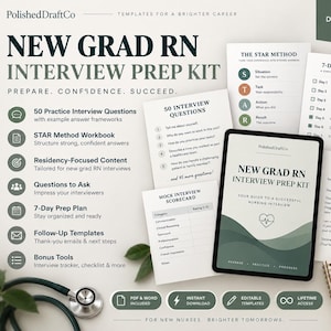 May include: A New Grad RN Interview Prep Kit digital download featuring a tablet displaying the title, surrounded by printed pages including a 7-day prep plan, STAR method guide, mock interview scorecard, and thank-you email template with a stethoscope.