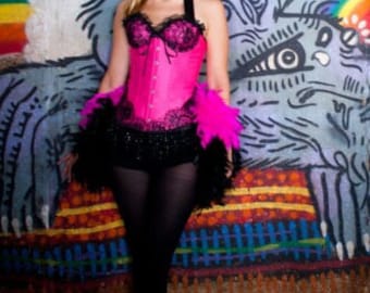 NICHOLE Burlesque Costume Day of the Dead dress for Halloween pink & black corset feathers