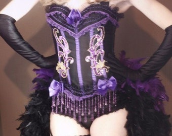 SHOWGIRL Purple Mardi Gras Burlesque Costume Corset 1920s black Feather bustle