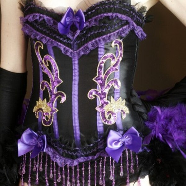SHOWGIRL Purple Mardi Gras Burlesque Costume Corset 1920s black Feather bustle