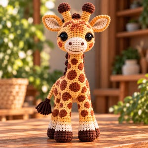 Pode incluir: Uma girafa de pelúcia feita em crochê com corpo amarelo e manchas castanhas, olhos pretos grandes, dois pequenos chifres no topo da cabeça e uma cauda com ponta castanha escura. As pernas têm faixas brancas sobre cascos castanhos escuros.