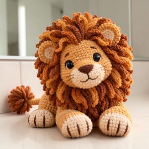May include: A crochet lion stuffed animal featuring a tan body, a large mane made of layered dark brown and golden yellow yarn loops, round ears, black plastic eyes, a dark brown embroidered nose, and a tail with a tufted end.