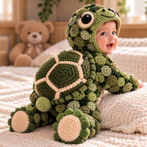 May include: A crochet turtle costume for a baby, featuring a green hooded top with a shell design on the back, textured circular patterns in various shades of green, and light beige accents on the shell and the soles of the feet.