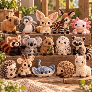 Puede incluir: Una colección de quince pequeñas figuras de animales tejidas a mano en ganchillo, dispuestas sobre escalones de madera. El conjunto incluye un capibara, un pájaro, un fénec, un ciervo, un ajolote, un panda rojo, un koala, un quokka, un búho, un mapache, un erizo, una jirafa, una raya, un pangolín y una llama.