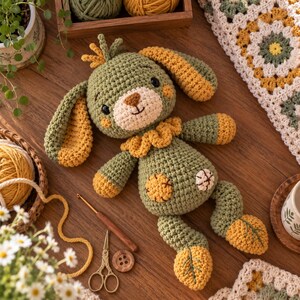 Pode incluir: Um bicho de pelúcia de crochê em forma de coelho com orelhas longas, feito com fio verde-oliva e amarelo-mostarda. O coelho tem um focinho creme, olhos escuros, nariz bordado, uma gola com babados e remendos no corpo e nos pés.