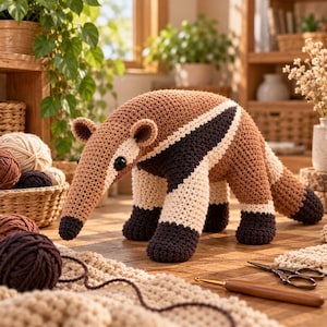 Puede incluir: Un juguete de oso hormiguero tejido a ganchillo a mano con un hocico largo, ojos de plástico negro y un patrón de bloques de color en tonos bronceado, crema y marrón oscuro. El animal de peluche se sostiene sobre cuatro patas robustas.