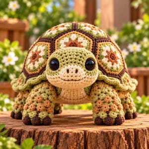 Op de afbeelding: Een gehaakt schildpad knuffeldier met een schild opgebouwd uit zeshoekige motieven in saliegroen, crème en bruin. De schildpad heeft een crèmekleurige kop, grote zwarte plastic ogen en getextureerde poten met donkerbruine voeten.