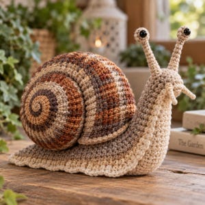 Op de afbeelding: Een gehaakt slakkenspeeltje met een grote, spiraalvormige schelp in bruin-, beige- en crèmetinten. Het lichaam is lichtbeige van kleur met twee lange, rechtopstaande stelen met ronde, zwarte ogen en twee kortere tentakels bij de mond.