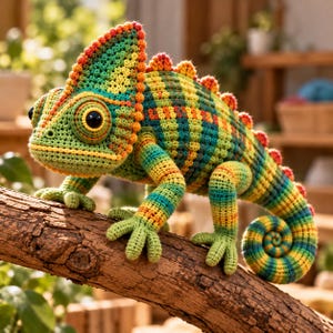 May include: A crocheted chameleon toy featuring a vibrant colour palette of green, yellow, and orange yarn. The creature has a textured surface, large black circular eyes, a prominent crest along its head, and a long tail curled into a spiral.