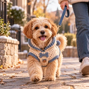 Puede incluir: Un perro pequeño, de pelaje marrón claro y esponjoso, lleva un suéter de ganchillo color crema con ribetes azules, capucha, una aplicación en forma de hueso y un botón de madera. El perro lleva una correa azul sujeta por una persona en vaqueros.