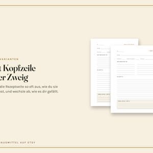 May include: Two white recipe card templates with black text and lines. The left card features a header, while the right card displays a branch icon. Both include sections for ingredients, instructions, and extra notes, presented on a light beige background.
