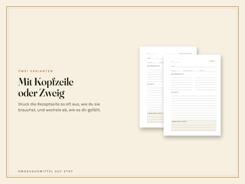 May include: Two white recipe card templates with black text and lines. The left card features a header, while the right card displays a branch icon. Both include sections for ingredients, instructions, and extra notes, presented on a light beige background.