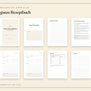 May include: A collection of eight white recipe book pages with black text and beige accents. The pages include a title page labelled Omas Rezeptbuch, a table of contents, instructions, recipe templates with lines, a baking chart, and a notes page.