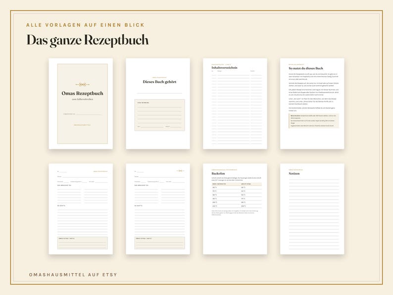 May include: A collection of eight white recipe book pages with black text and beige accents. The pages include a title page labelled Omas Rezeptbuch, a table of contents, instructions, recipe templates with lines, a baking chart, and a notes page.