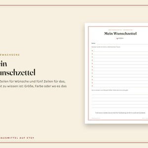 Puede incluir: Una plantilla de lista de deseos imprimible titulada Mein Wunschzettel con fondo crema y borde rojo. El documento incluye un encabezado, una l&iacute;nea para el nombre, doce l&iacute;neas con vi&ntilde;etas para deseos y cinco l&iacute;neas para detalles adicionales.
