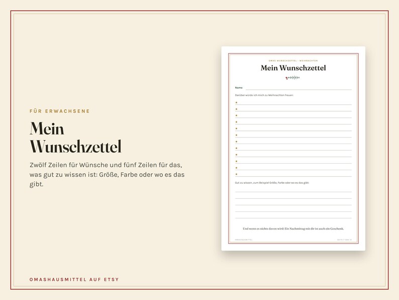 Puede incluir: Una plantilla de lista de deseos imprimible titulada Mein Wunschzettel con fondo crema y borde rojo. El documento incluye un encabezado, una l&iacute;nea para el nombre, doce l&iacute;neas con vi&ntilde;etas para deseos y cinco l&iacute;neas para detalles adicionales.