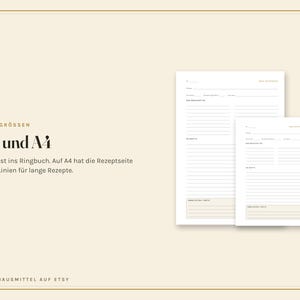 May include: Two white recipe pages in A4 and A5 sizes with black text. The pages feature sections for title, date, prep time, servings, ingredients, instructions, and notes. The text on the left reads ZWEI GR&Ouml;SSEN A5 und A4, A5 passt ins Ringbuch. Auf A4 hat die Rezeptseite mehr Linien f&uuml;r lange Rezepte. OMASHAUSMITTEL AUF ETSY.