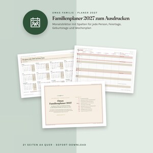 Peut inclure: Un ensemble de planificateur familial 2027 imprimable comprenant un calendrier annuel, des feuilles de planification mensuelles avec des colonnes pour chaque personne et une page de titre intitul&eacute;e Omas Familienplaner 2027 en format paysage.