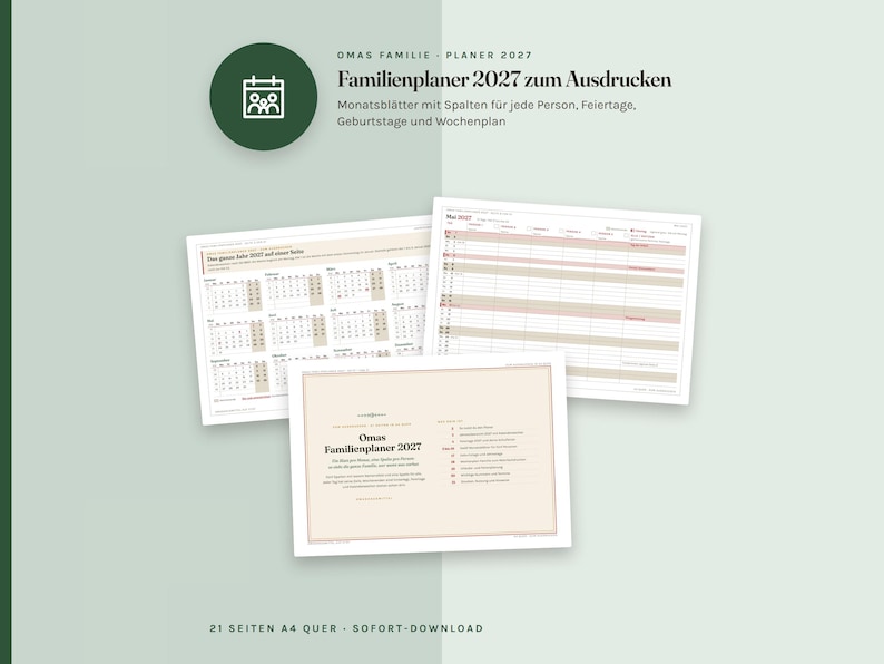 Peut inclure: Un ensemble de planificateur familial 2027 imprimable comprenant un calendrier annuel, des feuilles de planification mensuelles avec des colonnes pour chaque personne et une page de titre intitul&eacute;e Omas Familienplaner 2027 en format paysage.