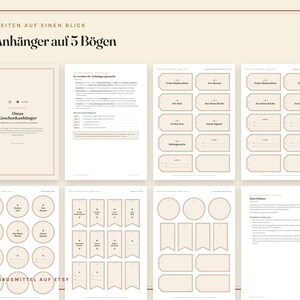 May include: A digital printable set of 55 gift tags on 5 sheets, featuring beige and cream paper designs with black text. The collection includes various tag shapes like rectangles, circles, and banners, with German phrases and blank lines for writing.