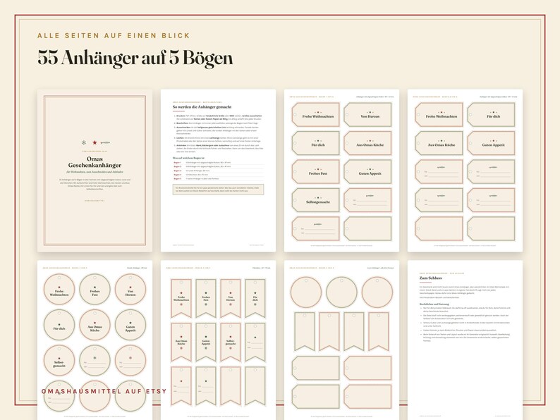 May include: A digital printable set of 55 gift tags on 5 sheets, featuring beige and cream paper designs with black text. The collection includes various tag shapes like rectangles, circles, and banners, with German phrases and blank lines for writing.