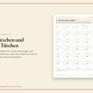 May include: A white paper planner sheet titled Adventskalender-F&uuml;llplan with a grid of 24 numbered boxes for holiday planning. The text includes Pl&auml;tzchen und 24 T&uuml;rchen, Seite 14 und 16, and OmasHausmittel auf Etsy. The layout features black and red text.