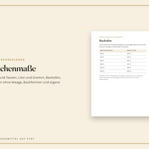 May include: A beige informational card titled K&uuml;chenma&szlig;e with black text listing kitchen measurements, including spoons, cups, litres, grams, and oven temperatures. A table shows oven settings comparing top/bottom heat to convection heat.