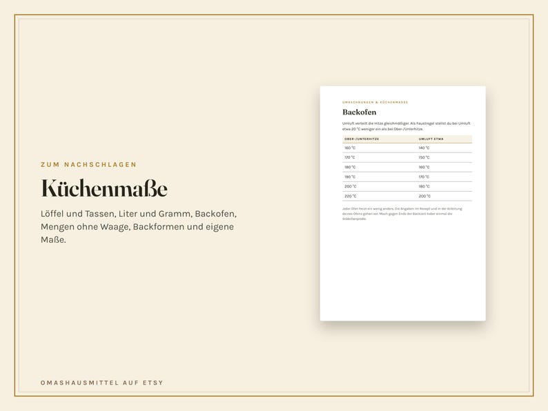 May include: A beige informational card titled K&uuml;chenma&szlig;e with black text listing kitchen measurements, including spoons, cups, litres, grams, and oven temperatures. A table shows oven settings comparing top/bottom heat to convection heat.