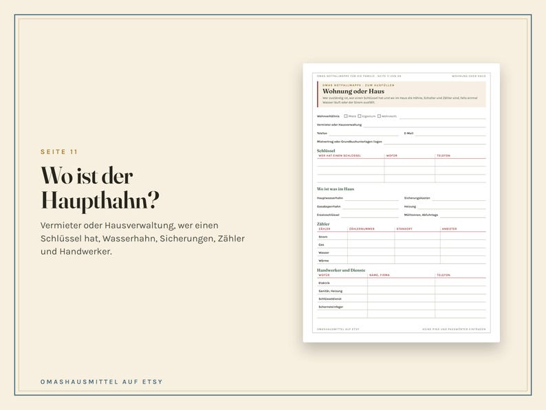 Notfallordner zum Ausdrucken, Notfallmappe für die Familie, Vorsorgeordner Vorlage, Wo liegt was, Notfallkarte, PDF A4 image 6